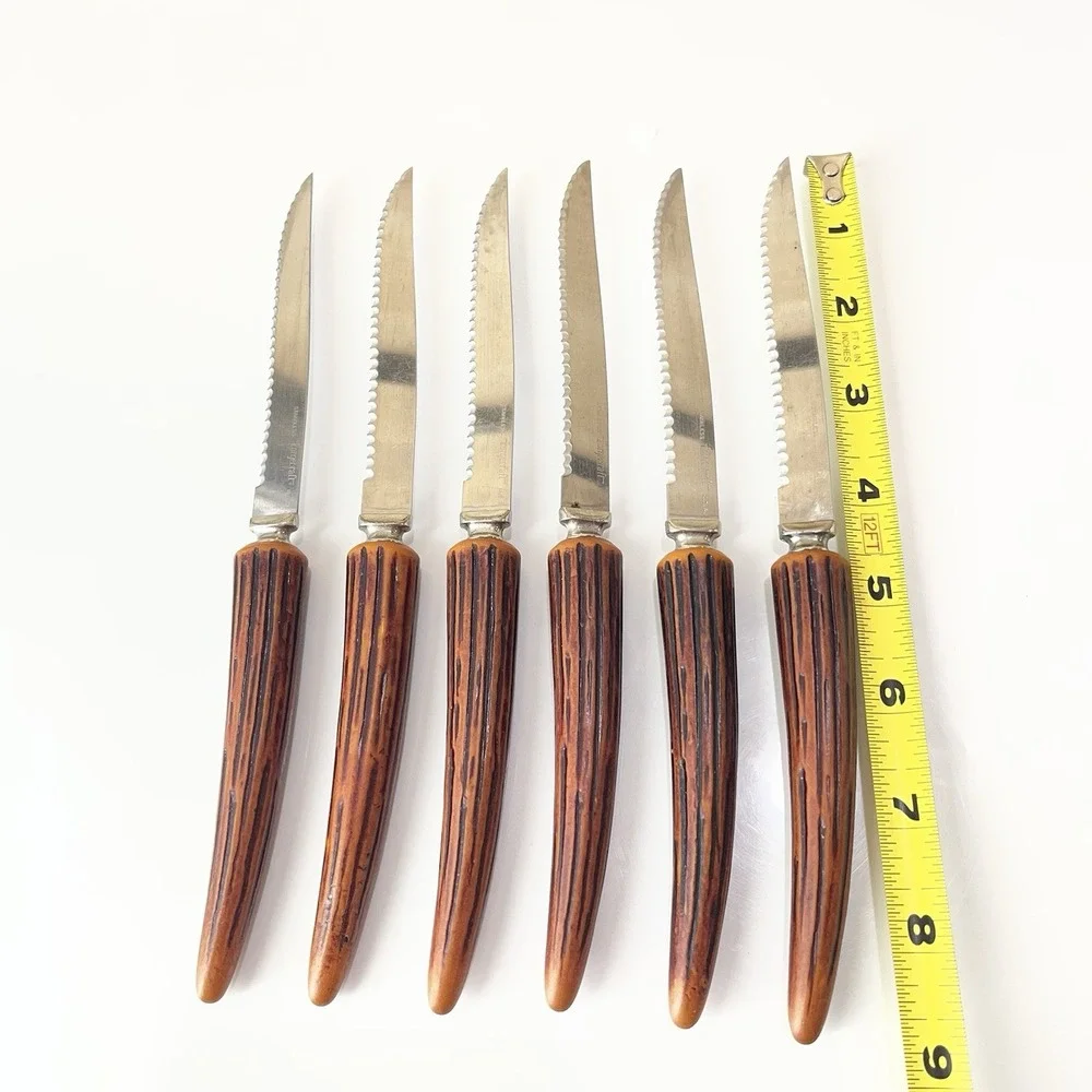 Vintage Stainless Forgecraft USA Steak Knives Set 6 Stag Faux Antler Handle MCM